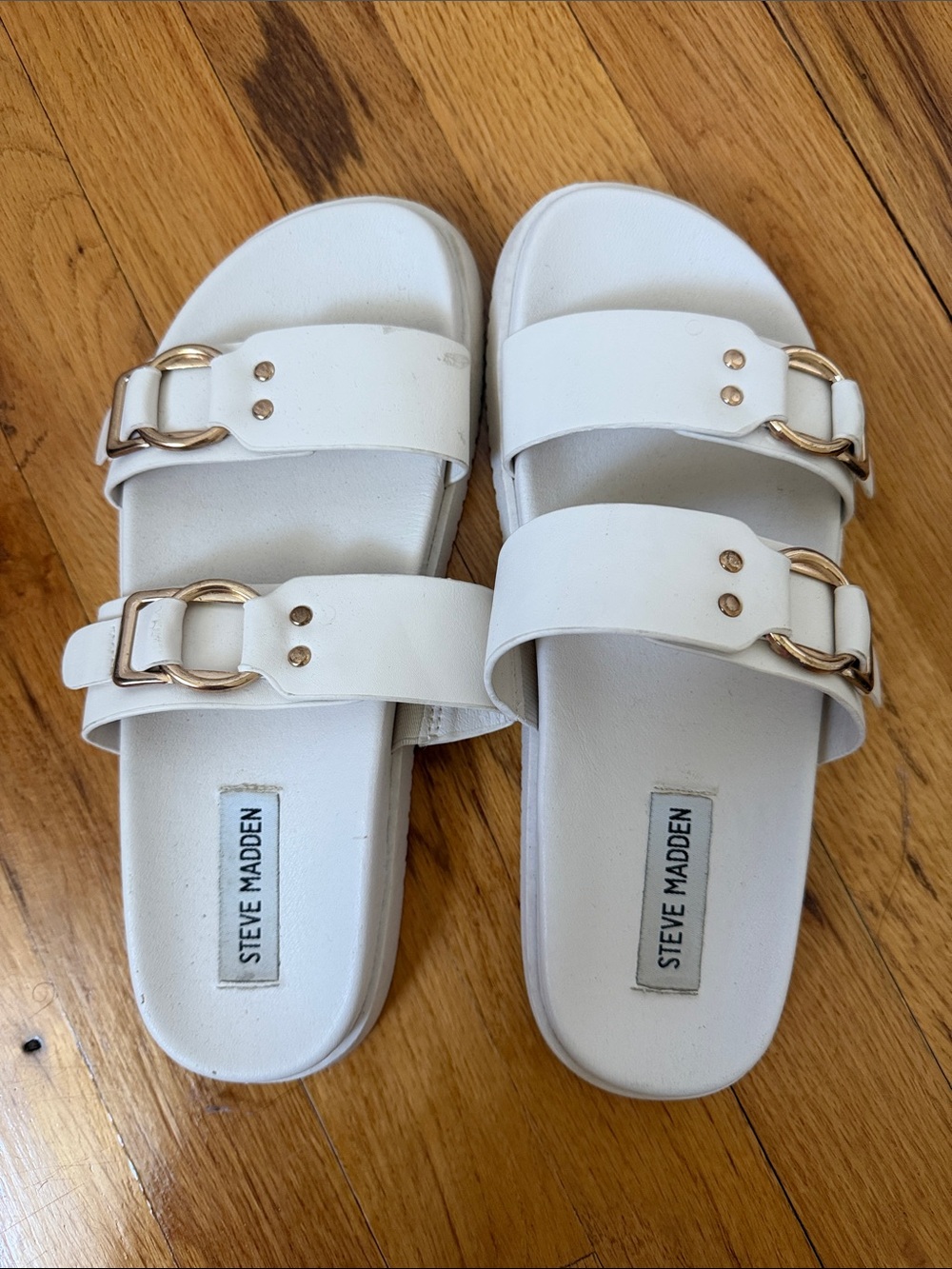 Steve Madden White Dual-Buckle Slide Sandals with Gold Hardware